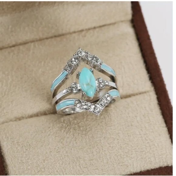 Jewelry - 3 Piece Silver turquoise color enamel Ring Sizes 7 8 9